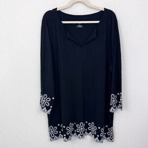 Talbots Womens Tunic Top Size 2X Embroidered Cotton Blend Artsy Boho Black